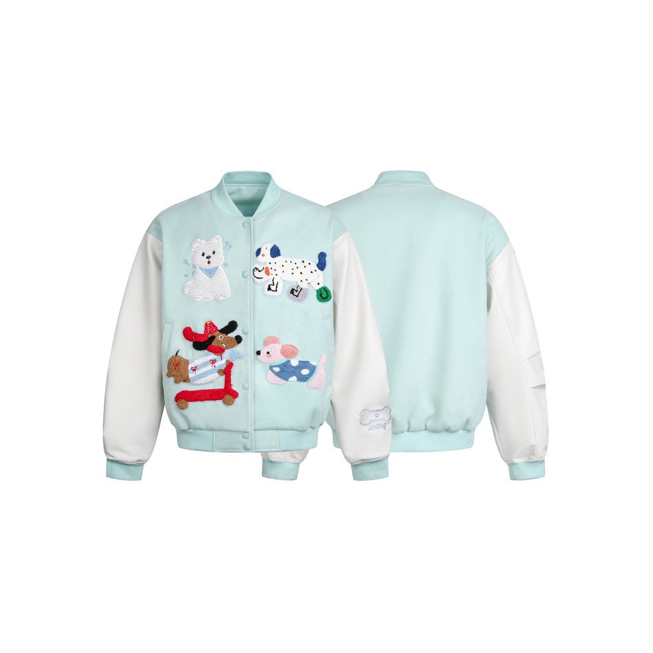 Pale aqua varsity jacket with white sleeves and colorful animal appliqués, shown from the front and back on white.