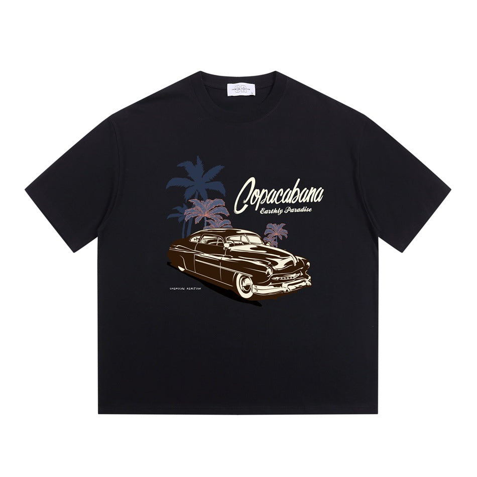 Black short-sleeve crew neck T-shirt with vintage car, palm trees and Copacabana Earthly Paradise print