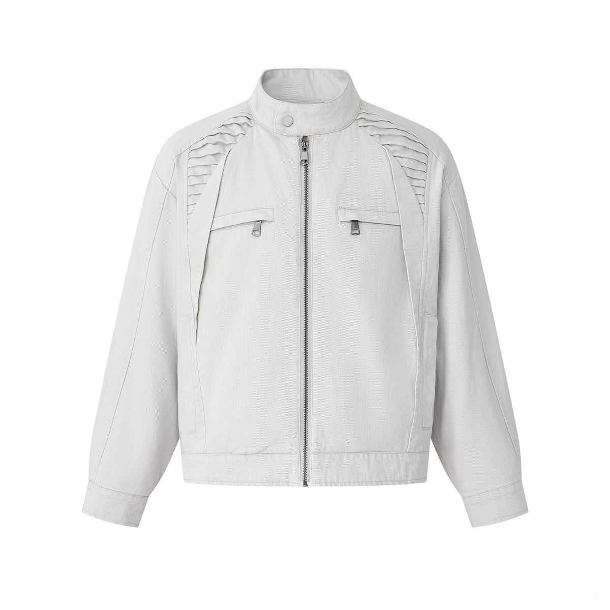 Light cement gray stand-collar zip jacket with pleated shoulders and zippered chest pockets, front view