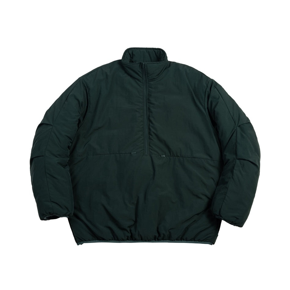 Dark green half-zip padded pullover jacket with stand collar, front pocket seam and elastic hem, flat front view