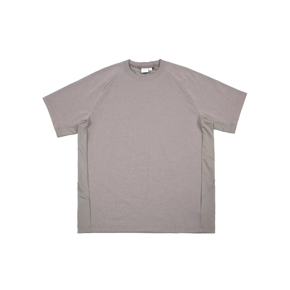 Taupe-brown short-sleeve crew-neck T-shirt with raglan sleeves and textured matching side panels, flat lay front view