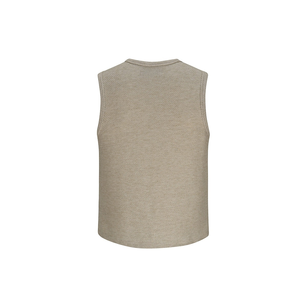 Back view of a beige sleeveless crew-neck top with a subtle all-over knit texture.