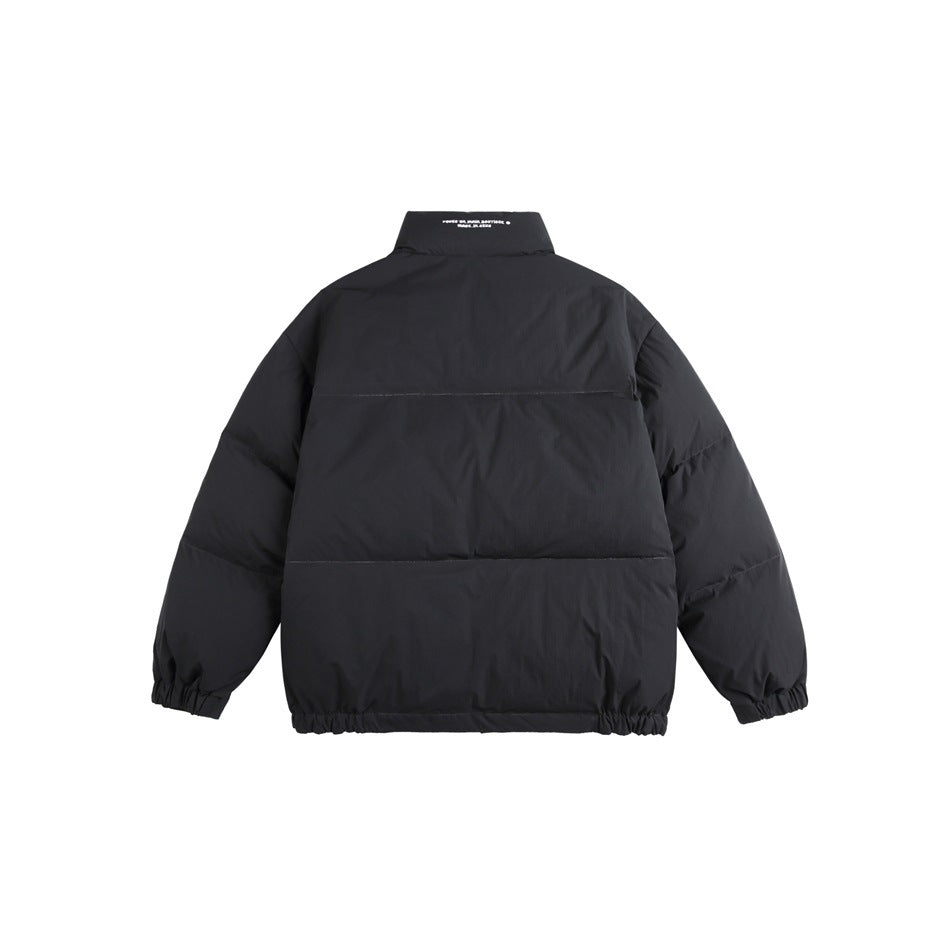 Back view of a black padded jacket with horizontal quilting, a high collar, and elasticated cuffs and hem.