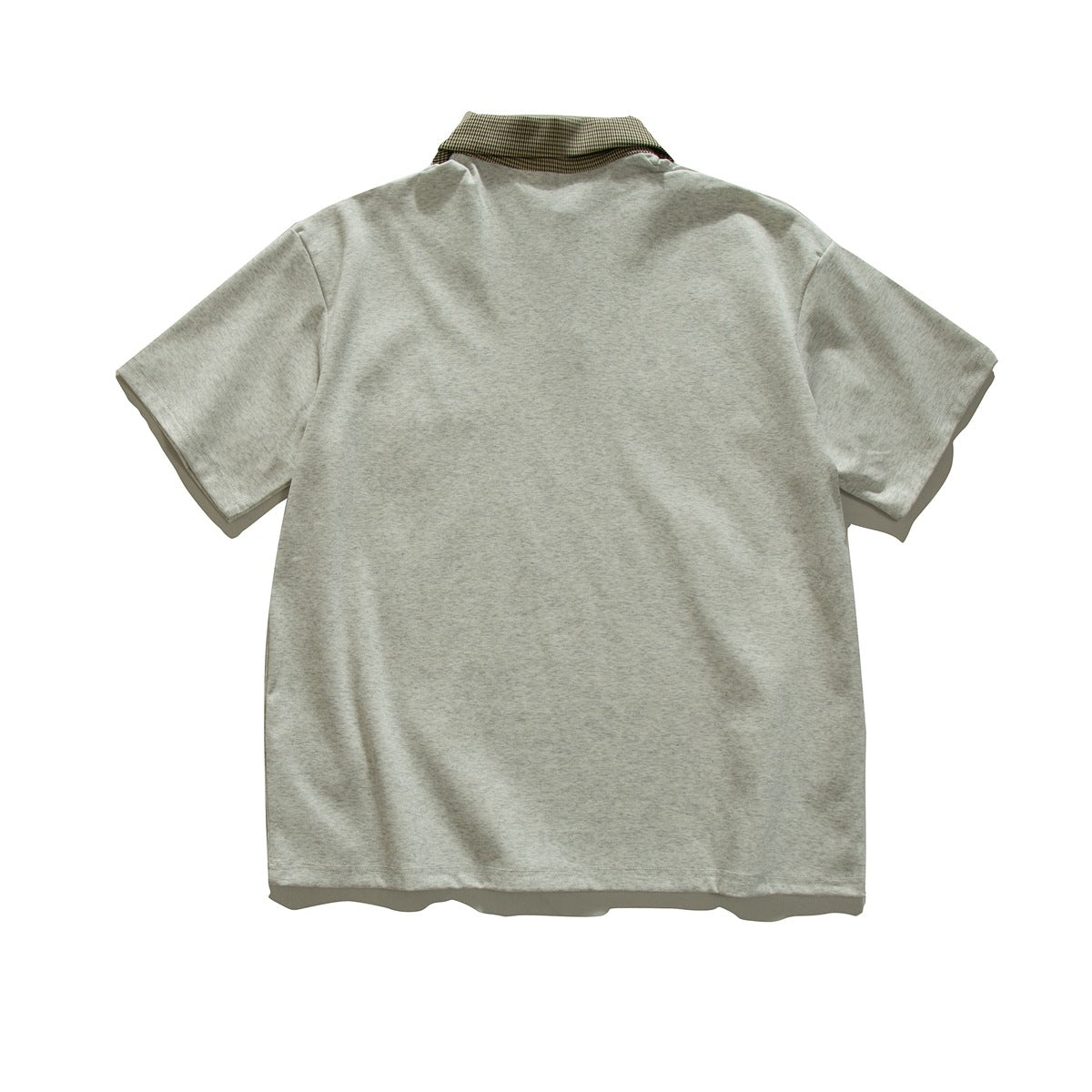 Back view of a light gray short-sleeve polo shirt with a contrasting brown patterned collar.