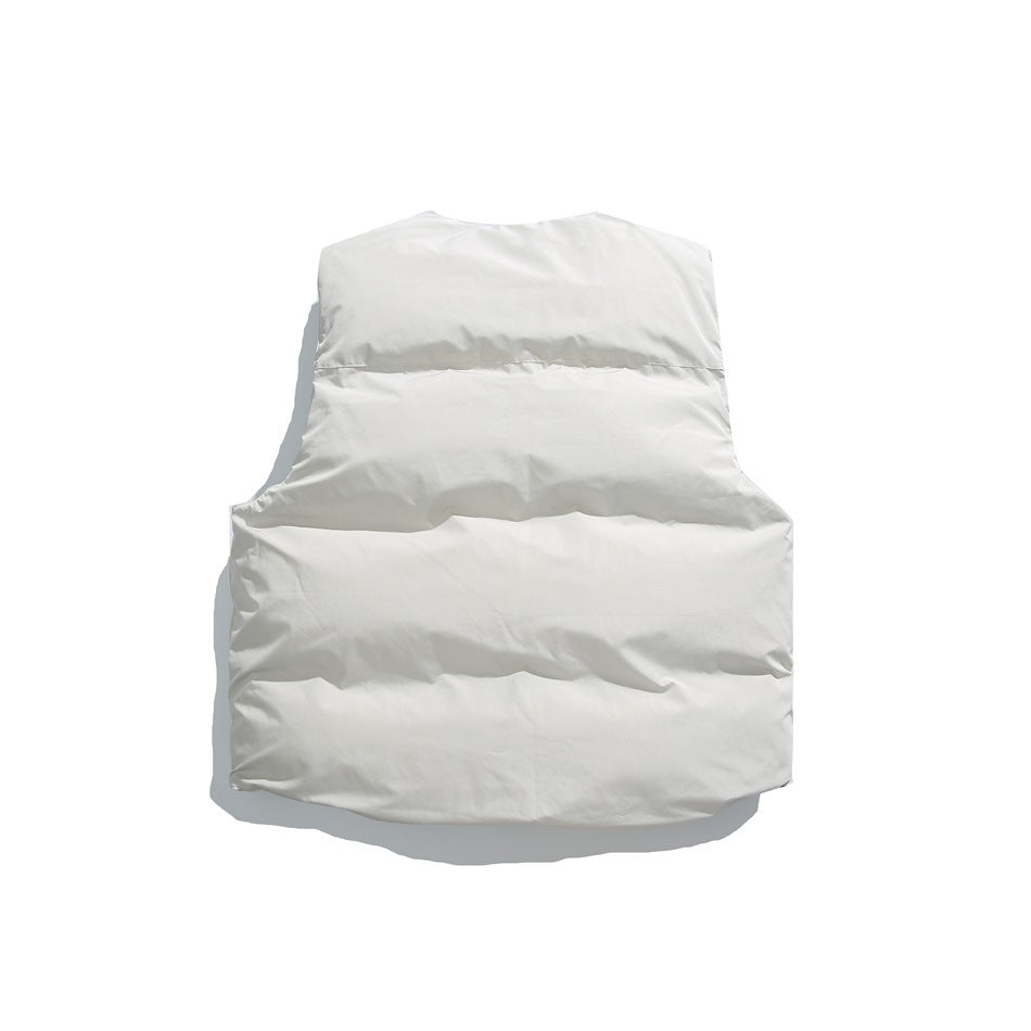 Back view of a white padded vest with horizontal quilted sections.