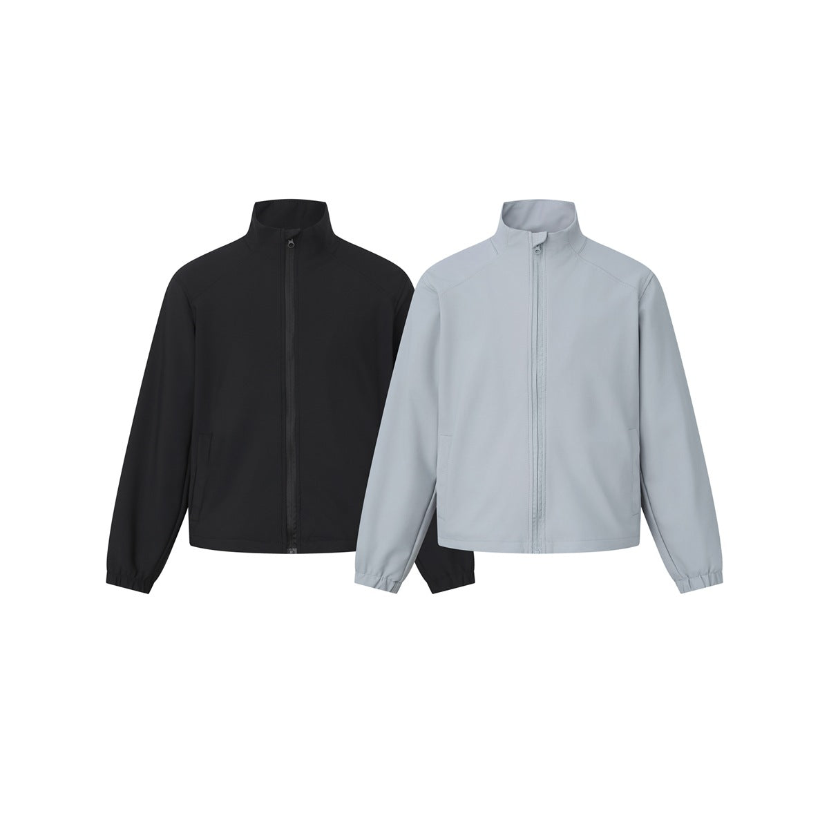 Front views of two stand-collar zip jackets, one black and one light gray, with long sleeves and side pockets.