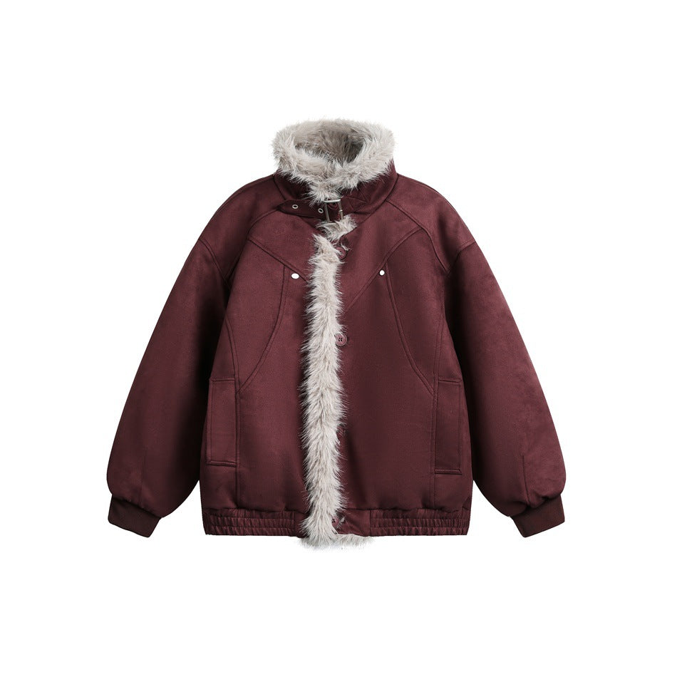 Burgundy suede-look jacket with light gray fluffy collar and front trim, buckle strap, pockets, ribbed cuffs and elastic hem