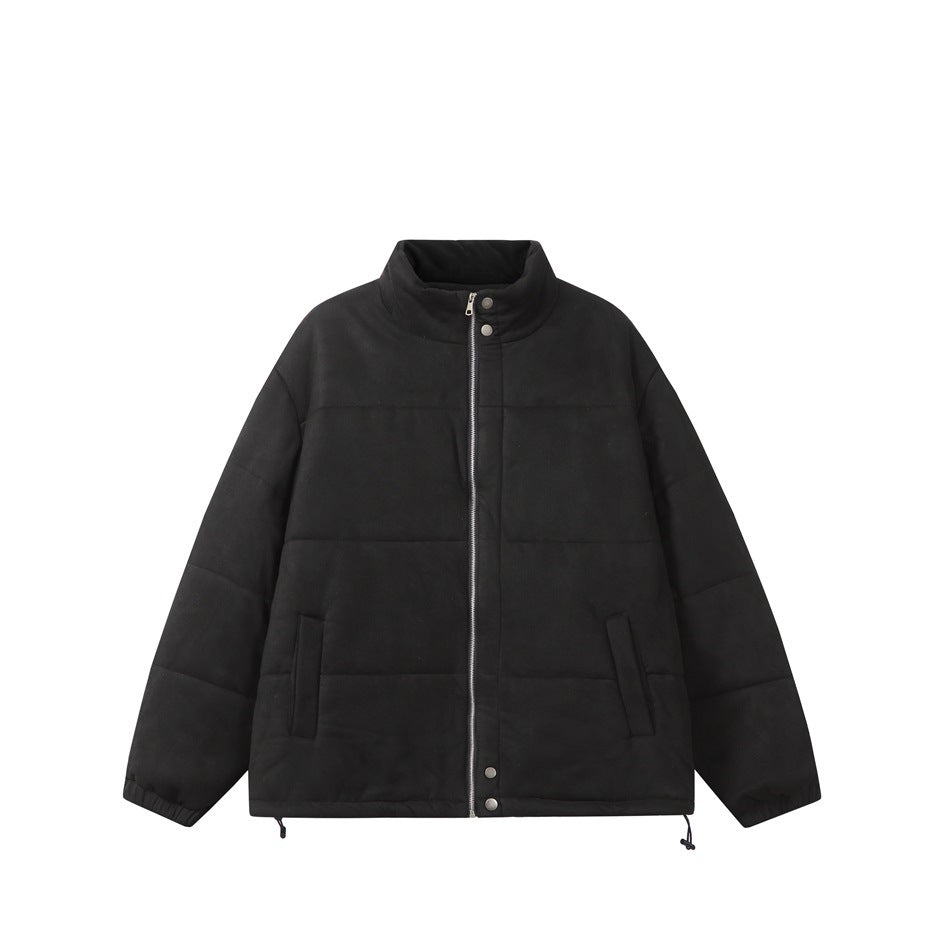 Black quilted stand-collar jacket with front zipper, snap placket, front pockets and hem drawcords on a white background
