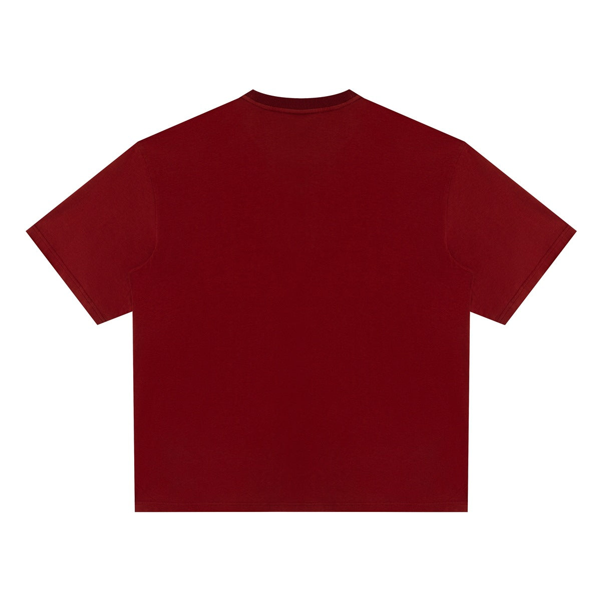 Plain dark burgundy short-sleeve crew-neck T-shirt shown from the back on a white background.
