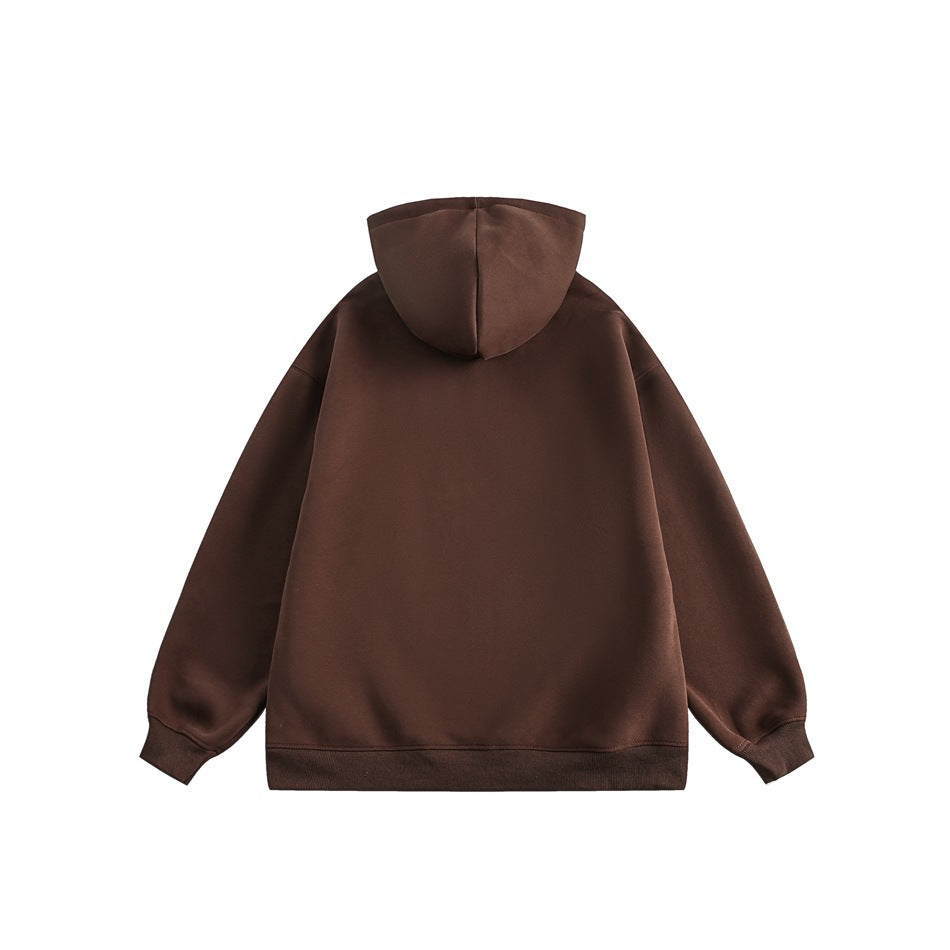 Back view of a dark brown hoodie with a plain back, hood, ribbed cuffs, and ribbed hem.