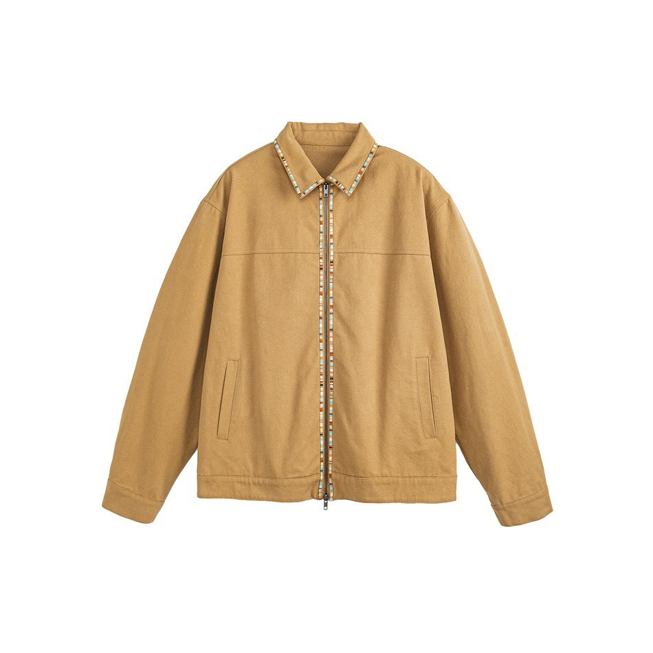Khaki zip-front collared jacket with multicolor trim on the collar and zipper, flat lay front view