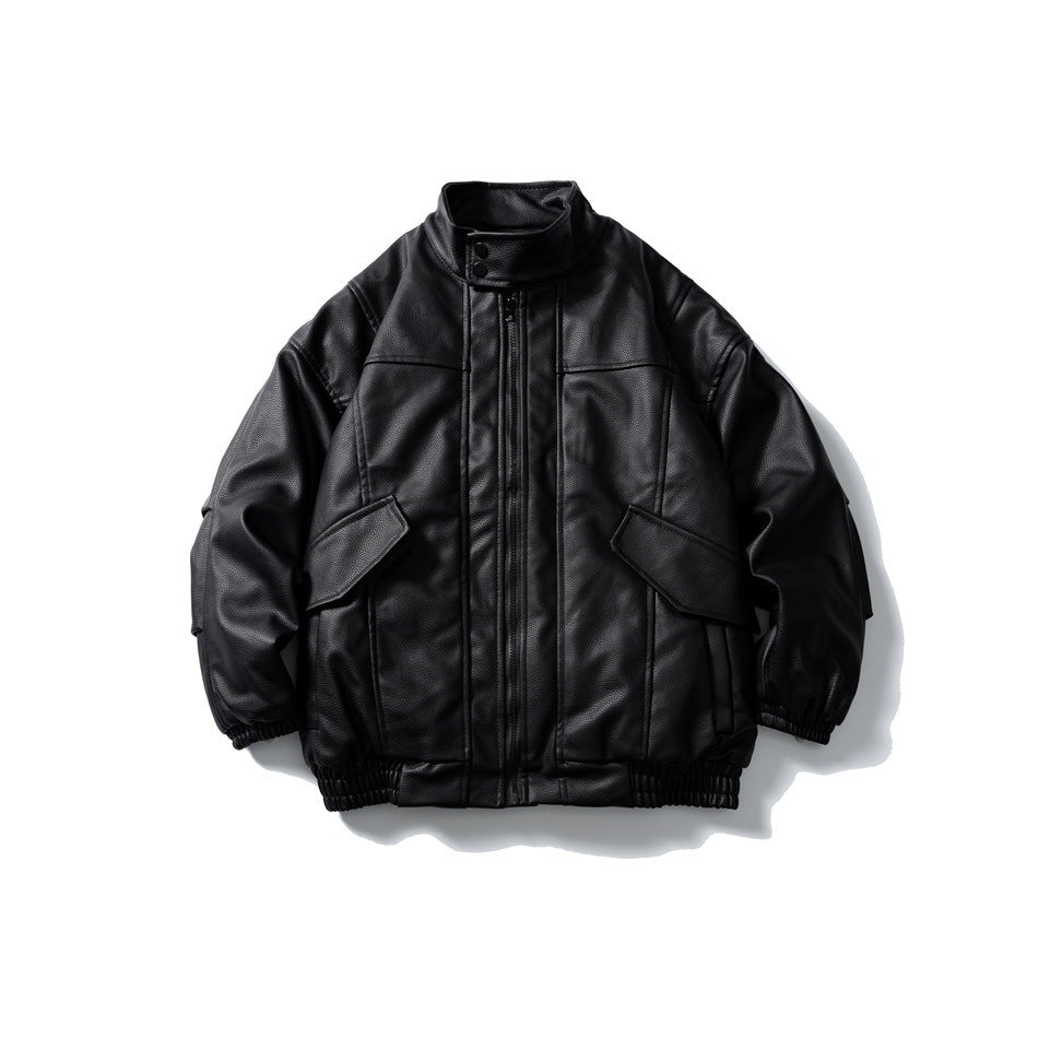 Black stand-collar zip jacket with flap pockets and elastic hem, flat front view