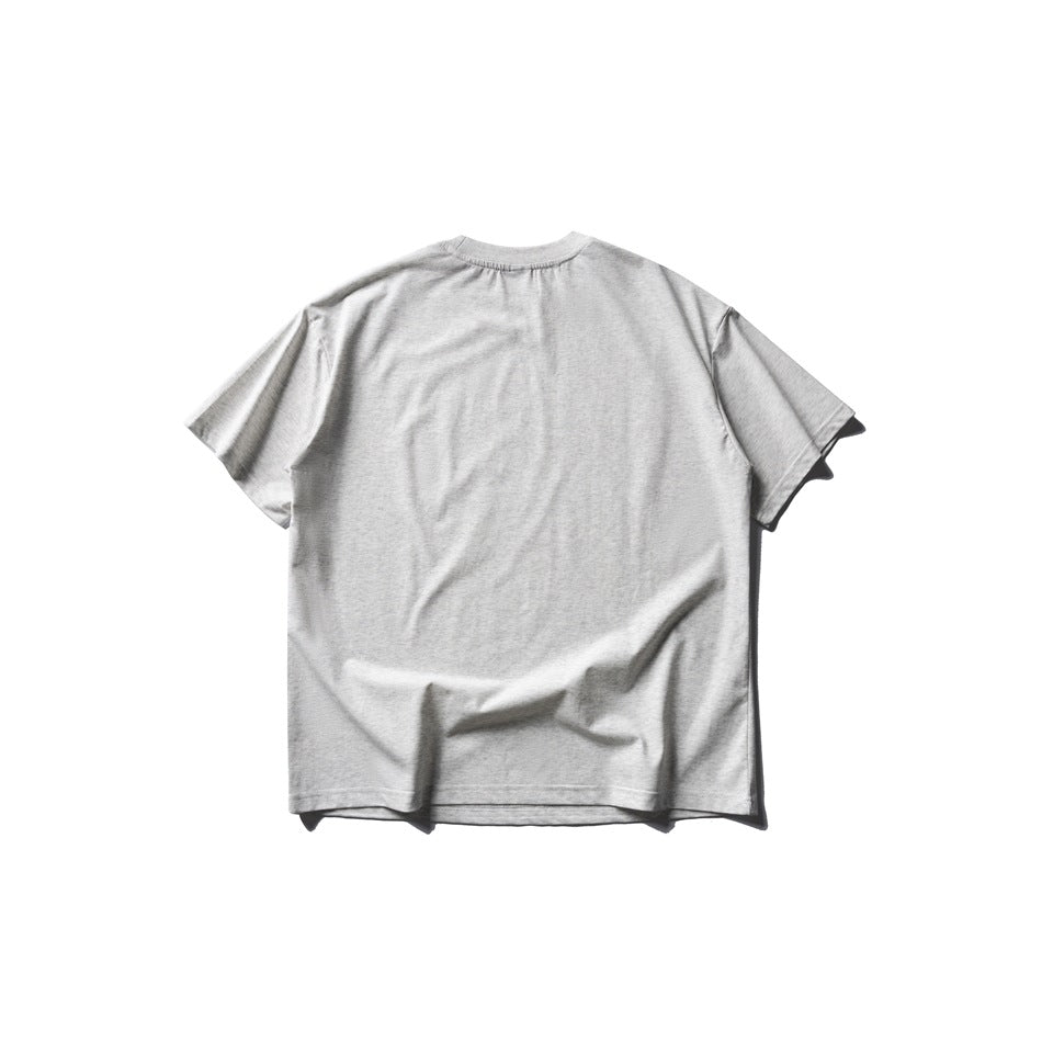 Back view of a light gray short-sleeve crew-neck T-shirt with a plain back, flat view