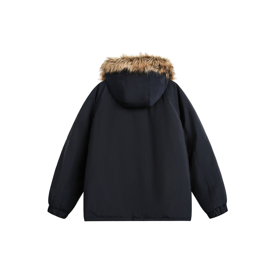 Back view of a dark navy hooded jacket with tan fur trim, shown against a white background.