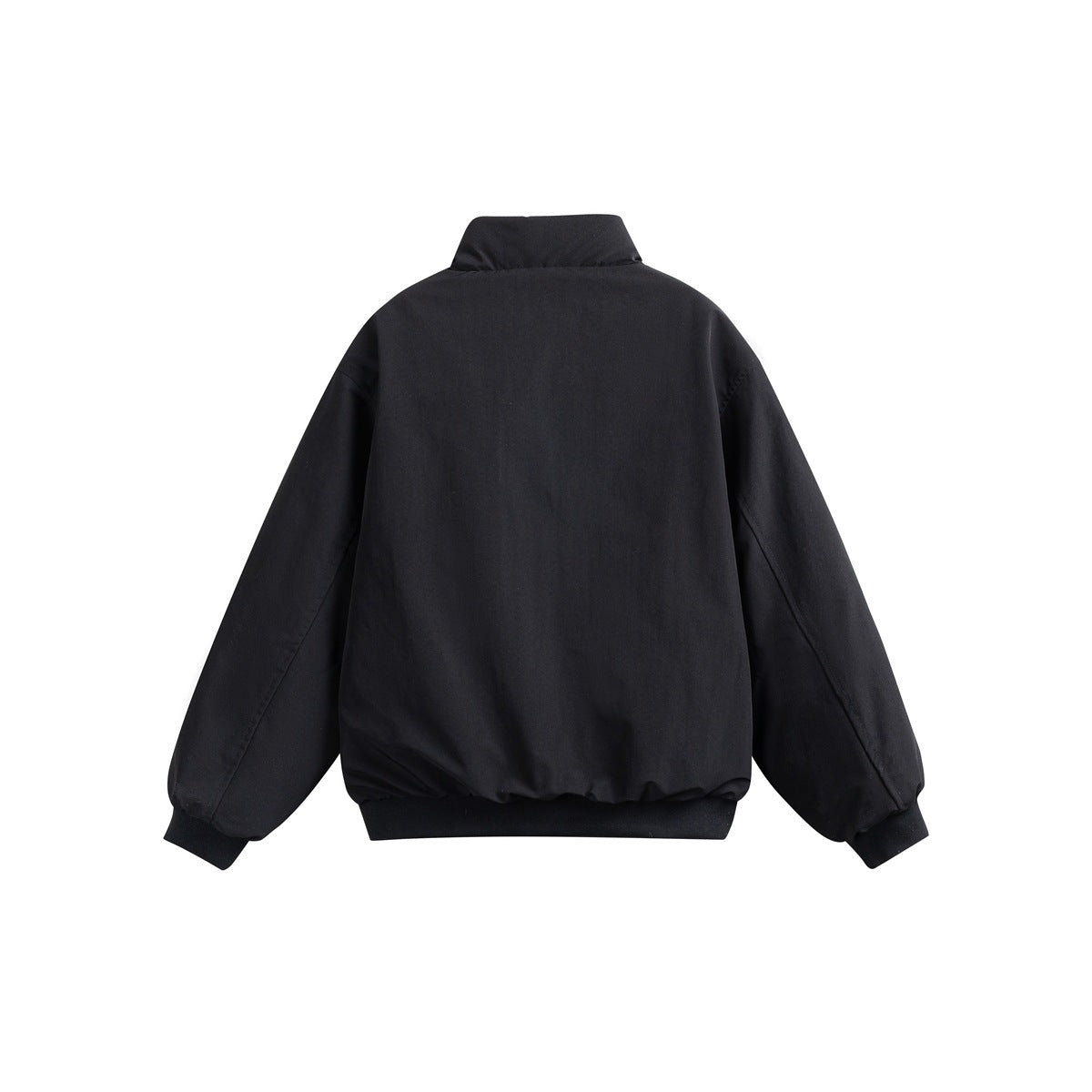 Back view of a plain black jacket with a stand collar, roomy sleeves, and ribbed cuffs and hem.