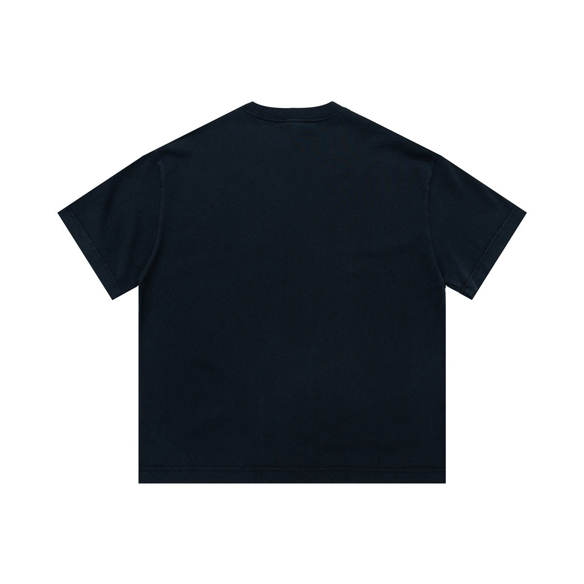 Back view of a plain black short-sleeve crew-neck T-shirt.