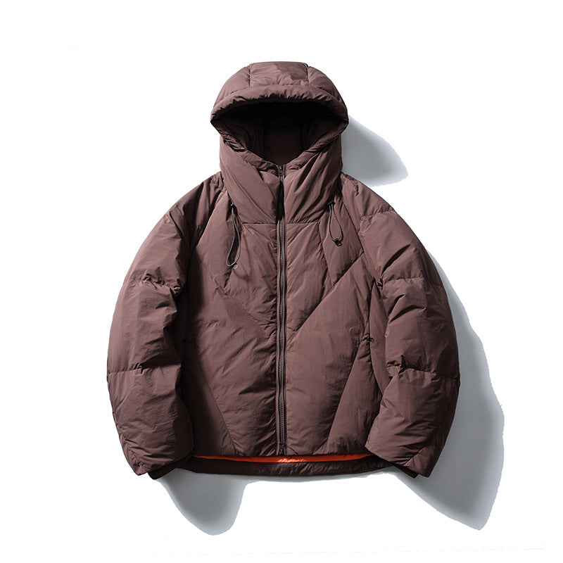 Purple-brown hooded puffer jacket with front zip and orange hem lining, flat view