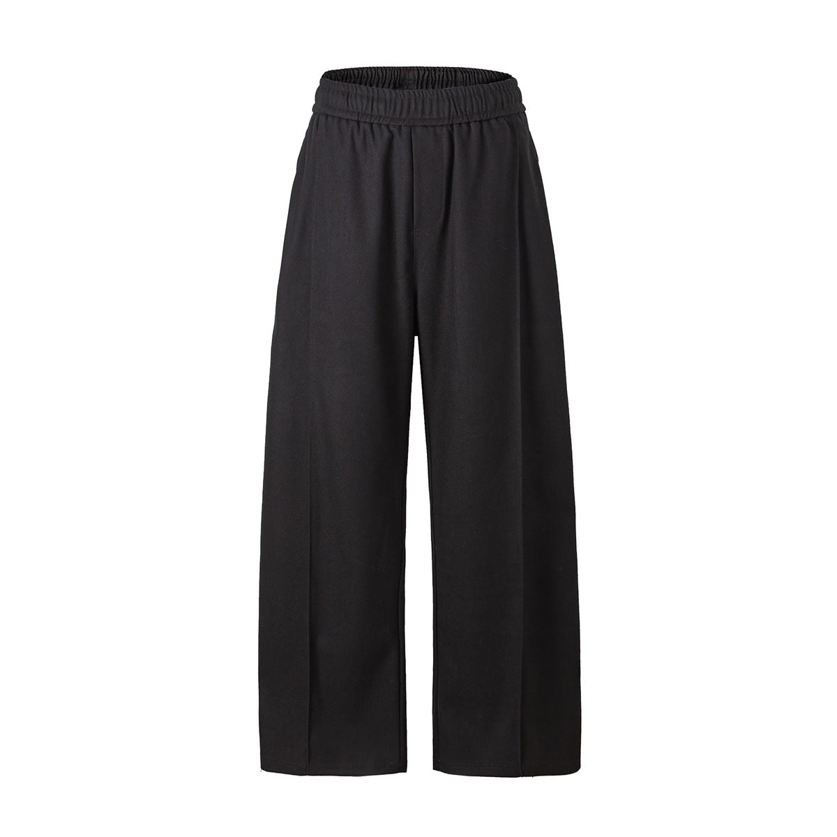 Black wide-leg elastic-waist trousers with front pintuck creases, flat lay on white background