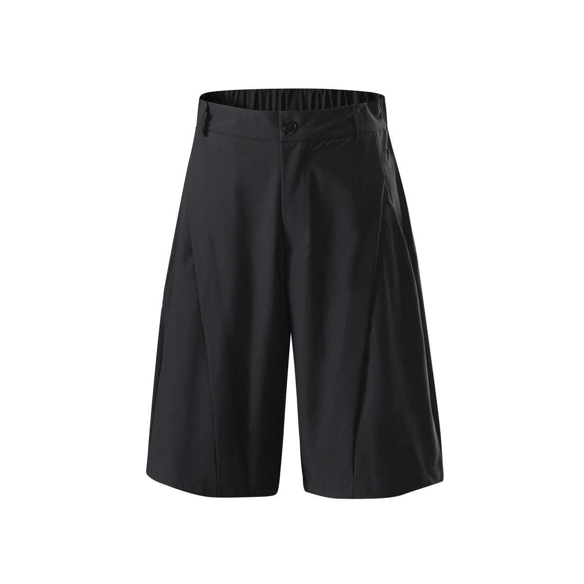 Black knee-length wide-leg shorts, front view, with elastic waistband, belt loops and button closure