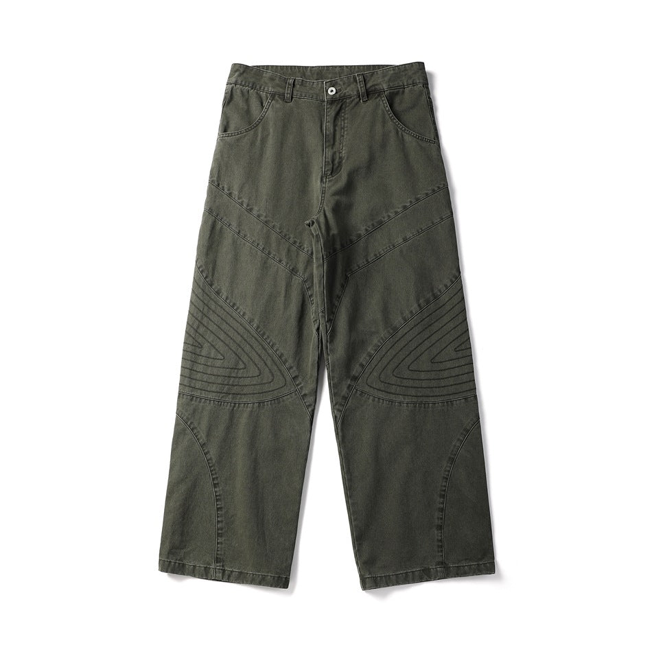 Army green wide-leg pants flat lay, front view, with contrast topstitching and concentric knee stitching
