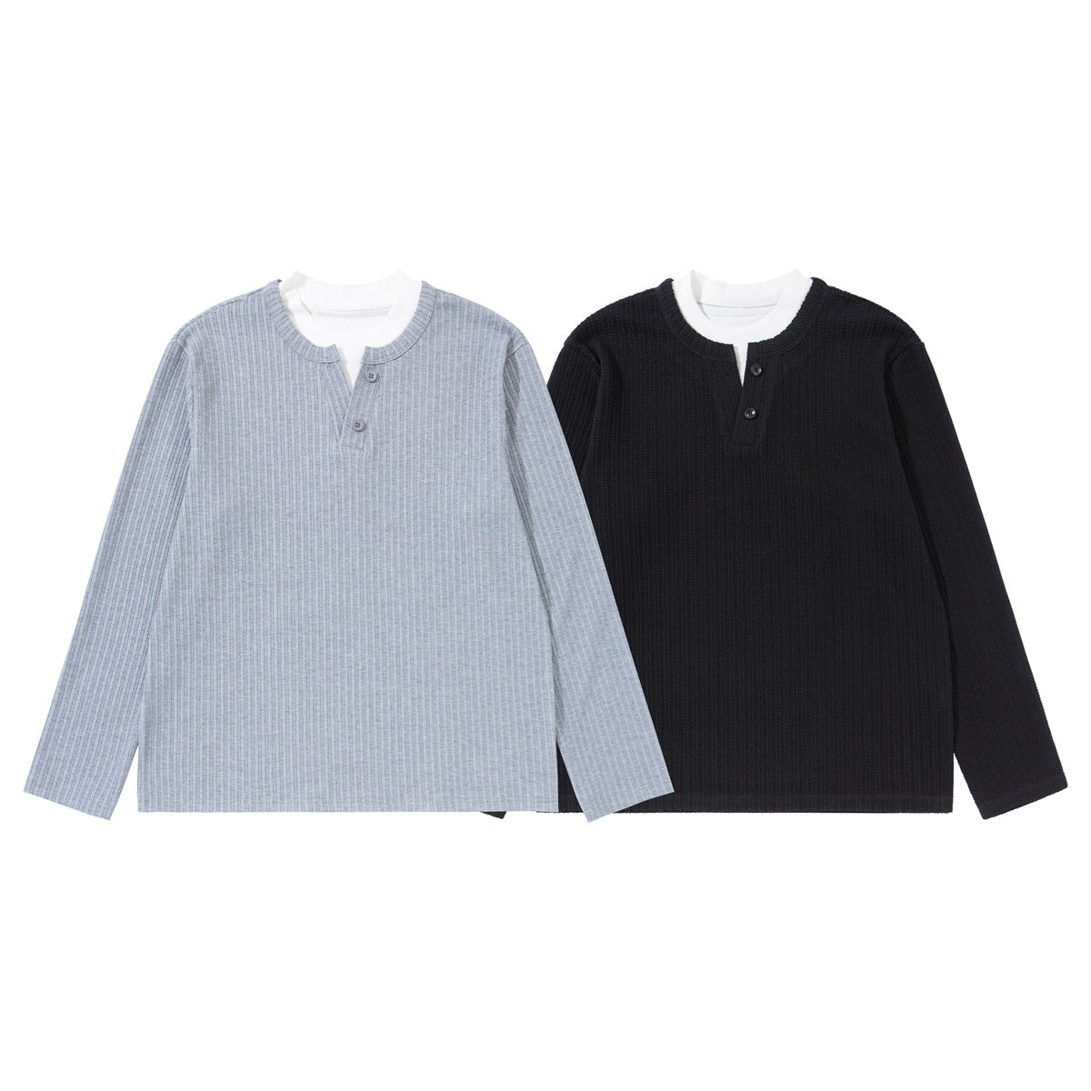 Two front-facing long-sleeve ribbed henley shirts, one light gray and one black, each layered over a white crew-neck shirt.