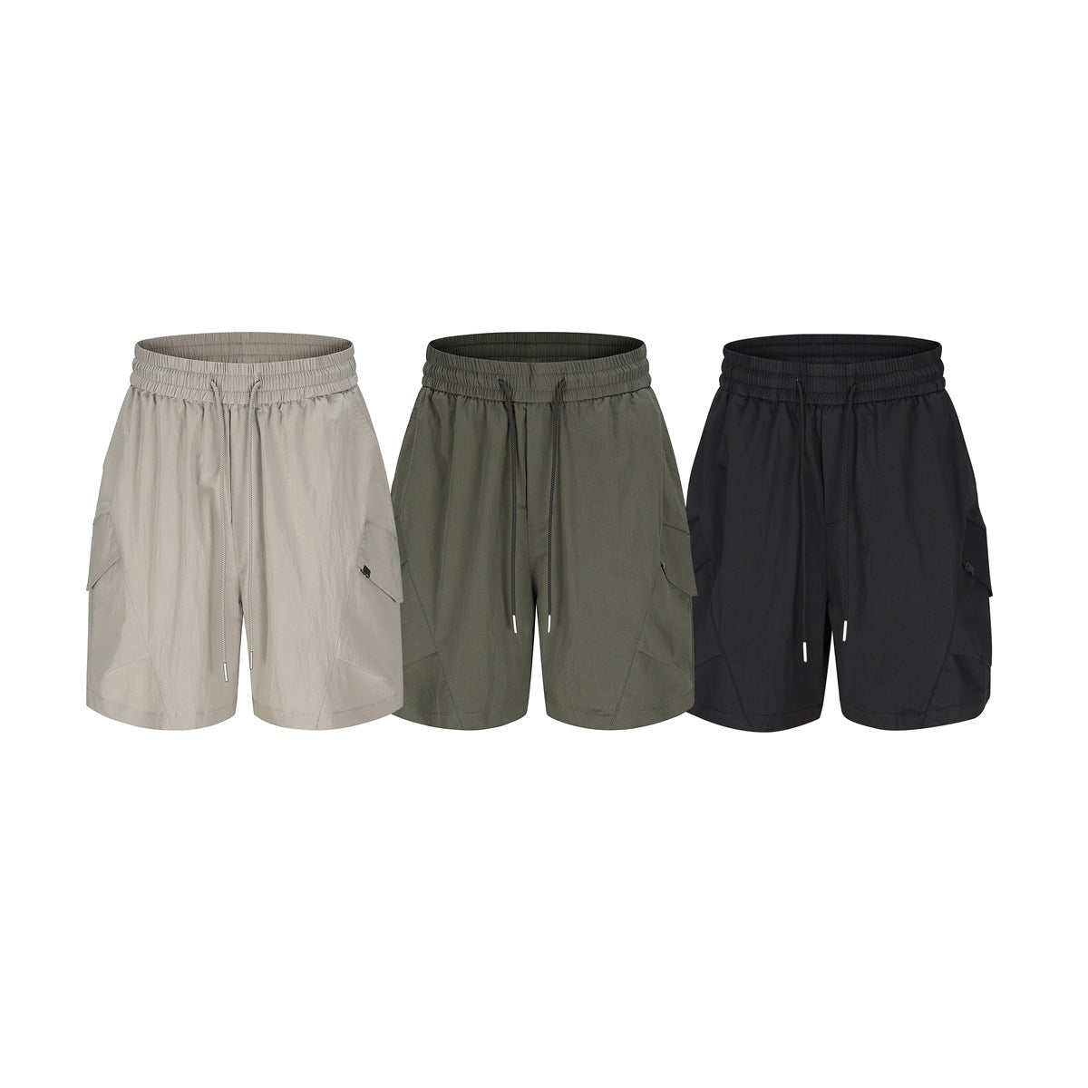 Three pairs of cargo shorts shown from the front in light beige, olive green, and black.