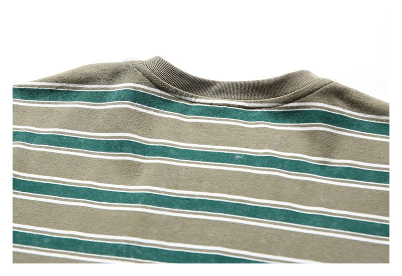Cropped back view of a khaki T-shirt with dark green and white horizontal stripes and a ribbed crew neck.