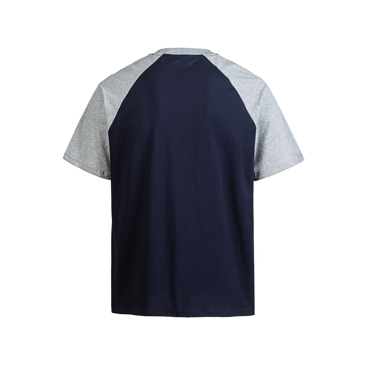 Back view of a navy raglan T-shirt with heather-gray short sleeves and shoulder panels.