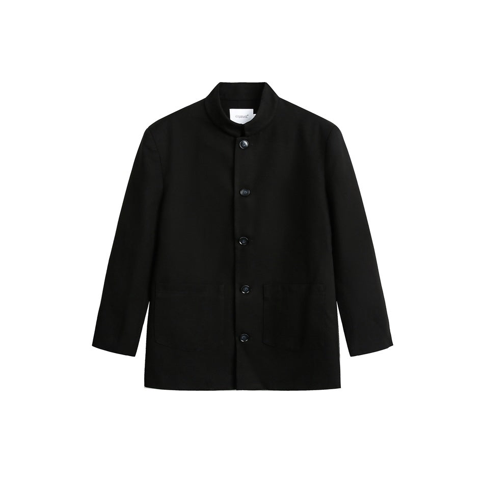 Black stand-collar button-front jacket with two patch pockets, flat front view on white background