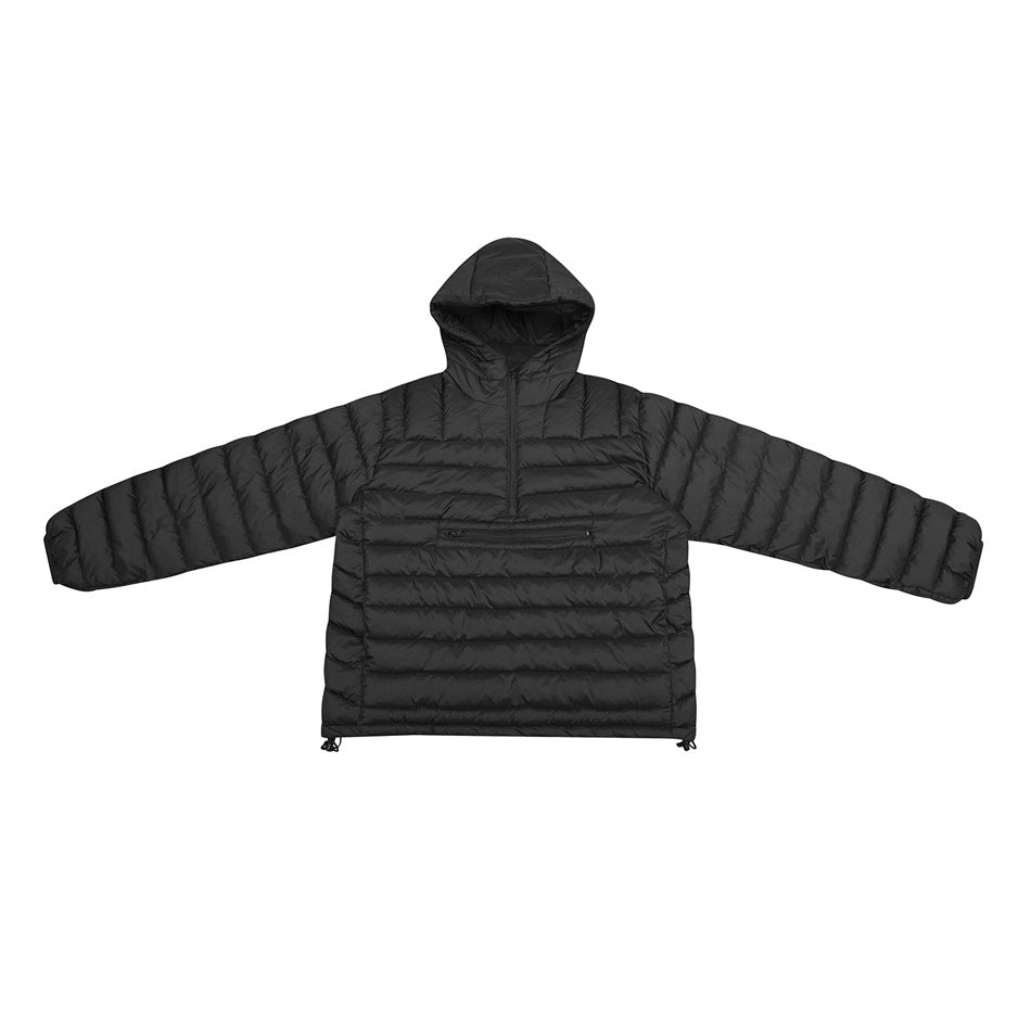 Black hooded quilted pullover jacket flat lay, front view with half zip, zippered front pocket and hem drawcords