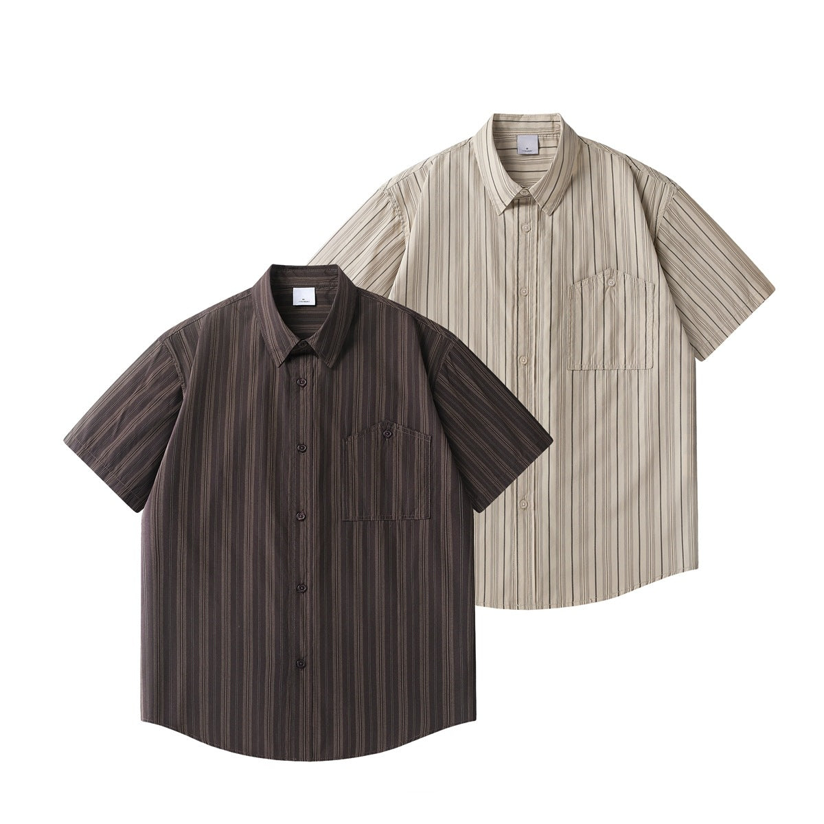Two short-sleeve striped button-up shirts with chest pockets, one dark brown and one light beige, shown from the front.