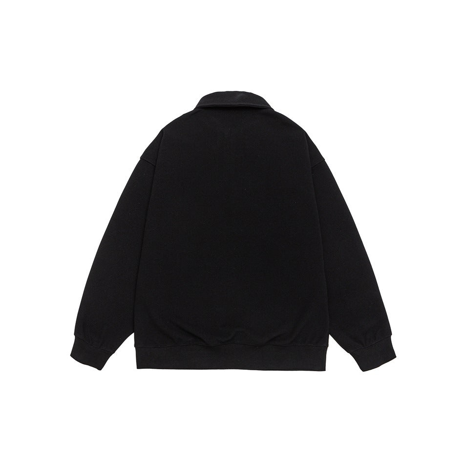 Back view of a black collared knit jacket with long sleeves, ribbed cuffs, and a ribbed hem.
