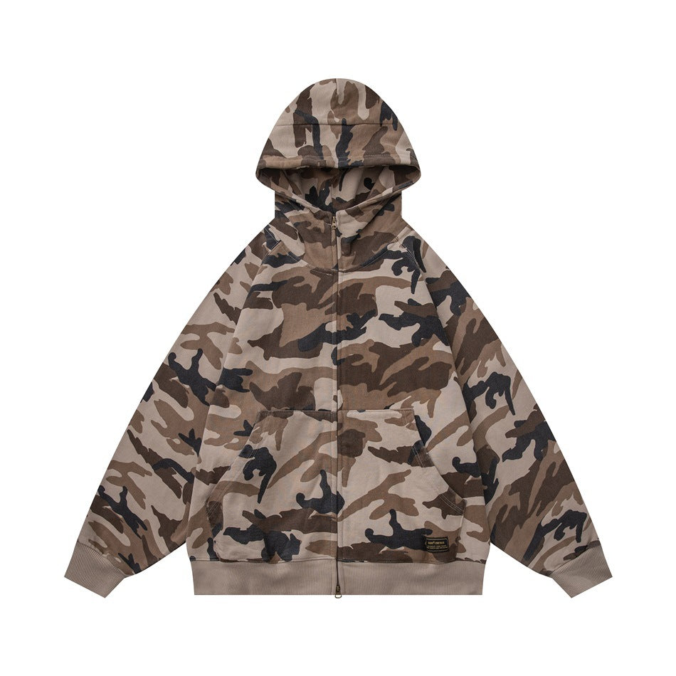Light apricot and brown camouflage zip-up hooded jacket, front view, with front pocket and ribbed cuffs and hem