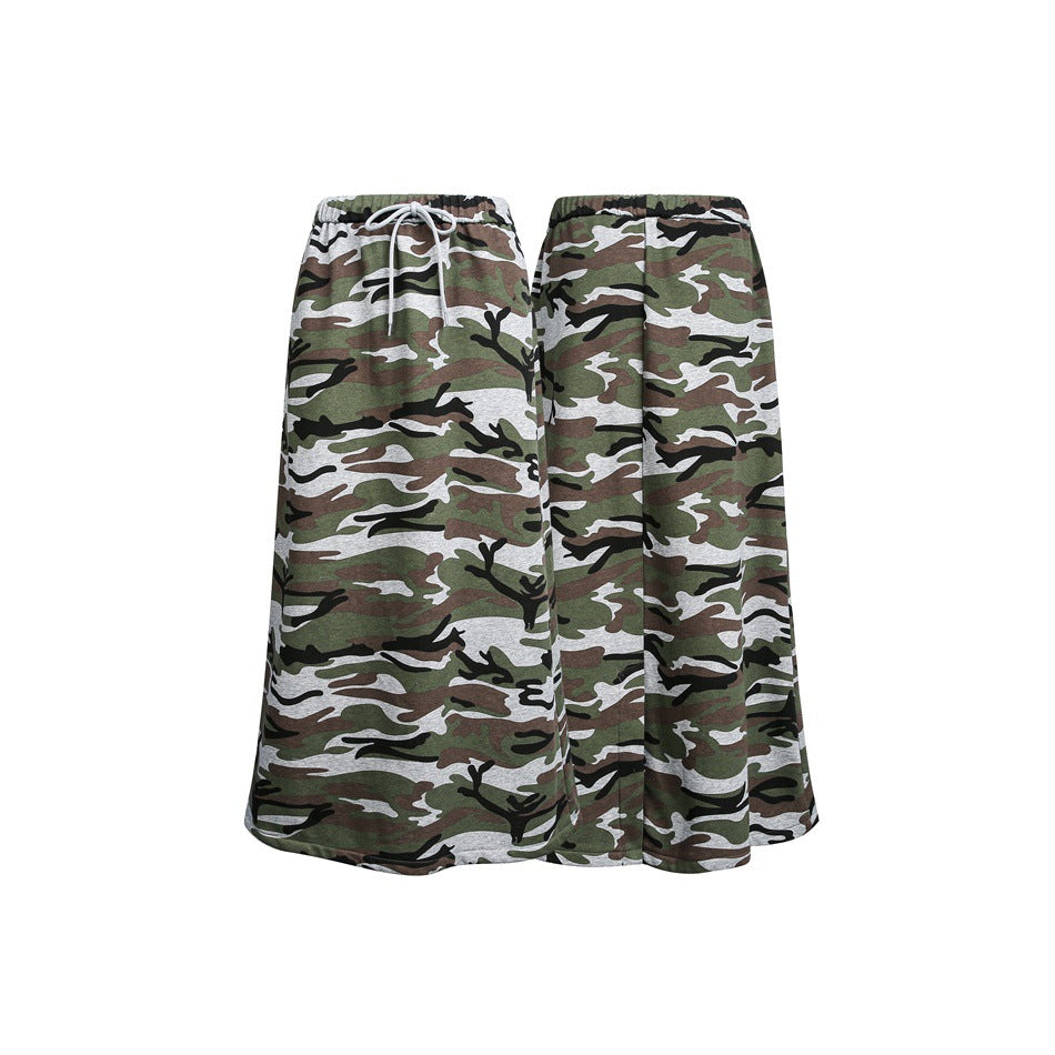 Long camouflage skirt shown from the front and back on a white background; the front has a drawstring waist.