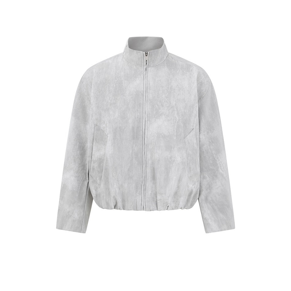 Light gray cropped zip jacket with stand collar and mottled distressed finish, front flat view
