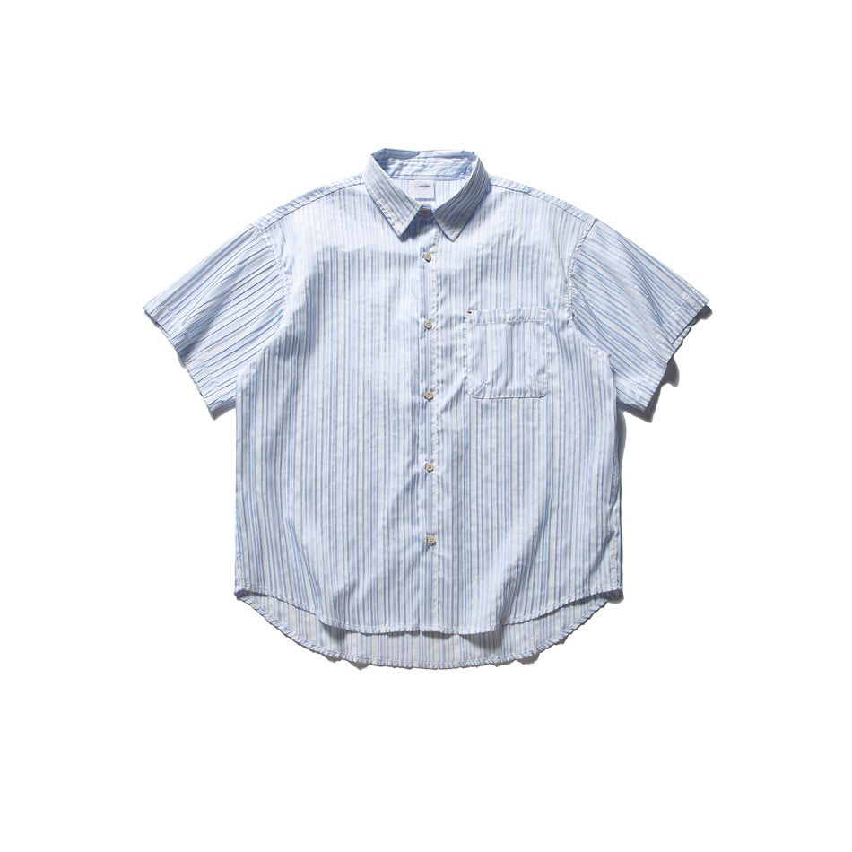 Blue and white striped short-sleeve button-up shirt laid flat, front view with chest pocket and curved hem