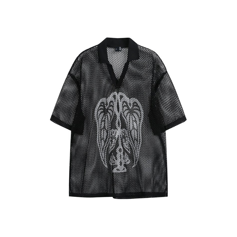 Black open-mesh short-sleeve shirt with V-neck knit collar and gray leaf totem graphic, front view