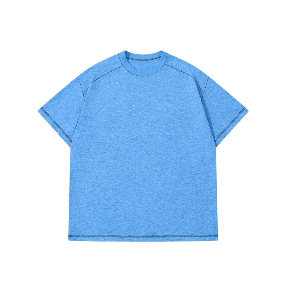 Bright blue heathered short-sleeve crew-neck T-shirt flat lay with dark blue topstitching