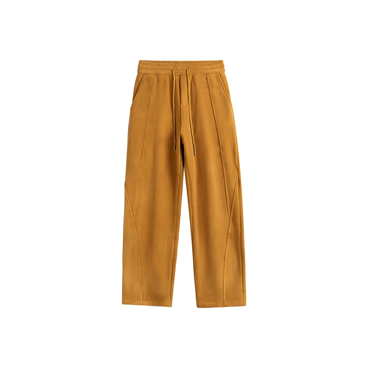 Mustard yellow wide-leg drawstring sweatpants, flat front view with curved seams and side pockets