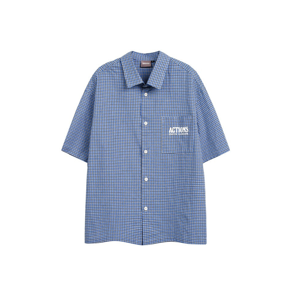 Blue small-check short-sleeve button-up shirt, front view, with chest pocket and white embroidered lettering