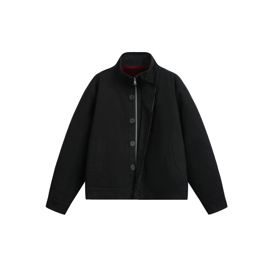 Black stand-collar jacket flat lay with front buttons, zipper placket, slanted pockets and red collar lining