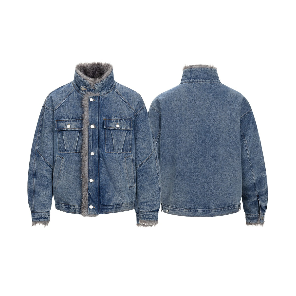 Blue denim jacket shown from the front and back, with gray faux-fur trim at the collar, placket, and cuffs.