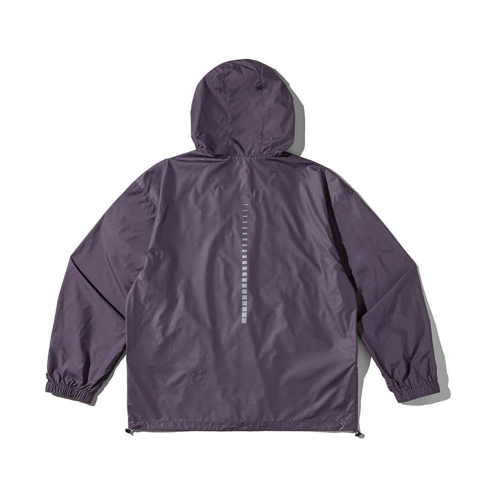 Back view of purple hooded jacket with vertical dashed stripe down center back and drawcord hem