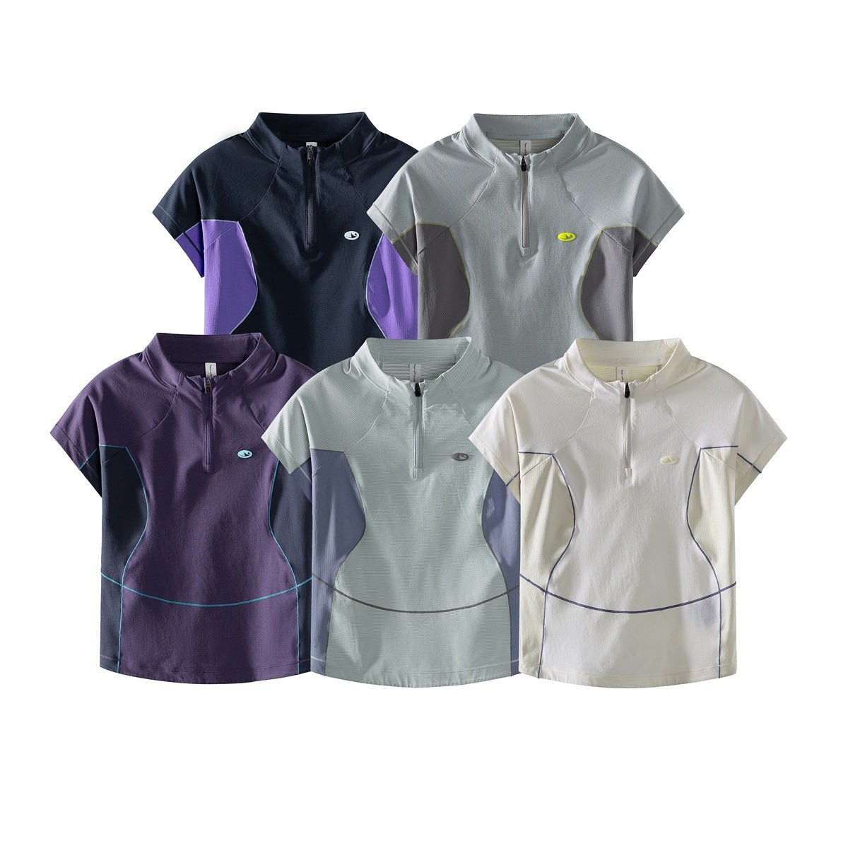 Five short-sleeve quarter-zip tops shown in navy and purple, gray, purple and navy, pale blue, and ivory.