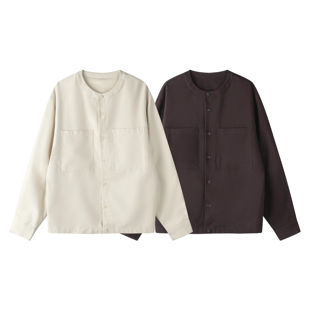 Two long-sleeved band-collar shirts shown flat, one ivory and one dark brown, each with buttons and two front pockets.