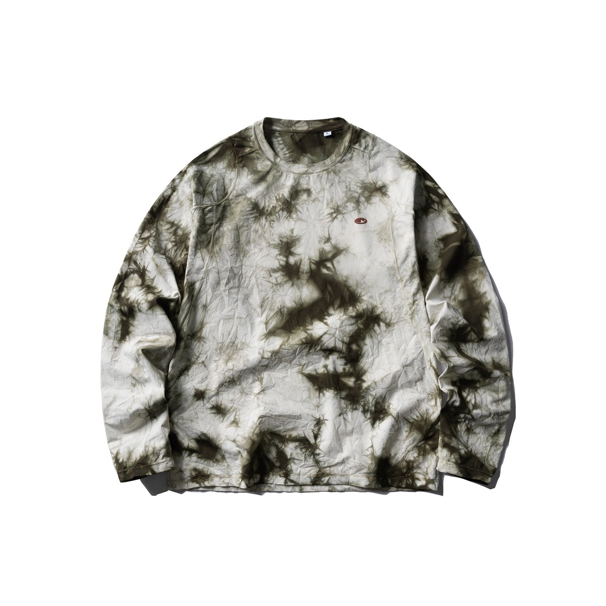 Olive green tie-dye long-sleeve crew-neck top flat lay with a small oval chest patch
