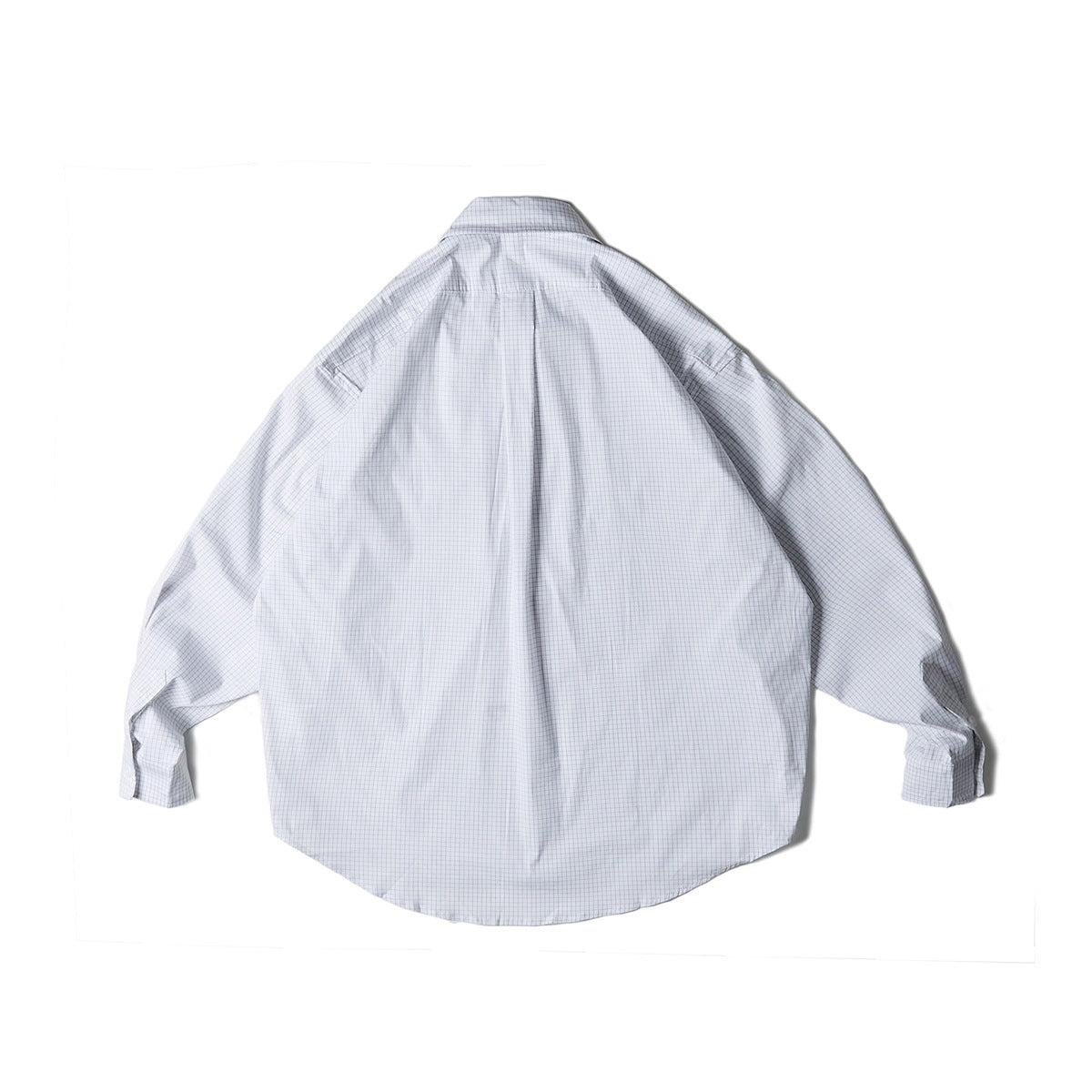 Back view of a pale gray long-sleeve button-up shirt with a fine grid check and rounded hem.