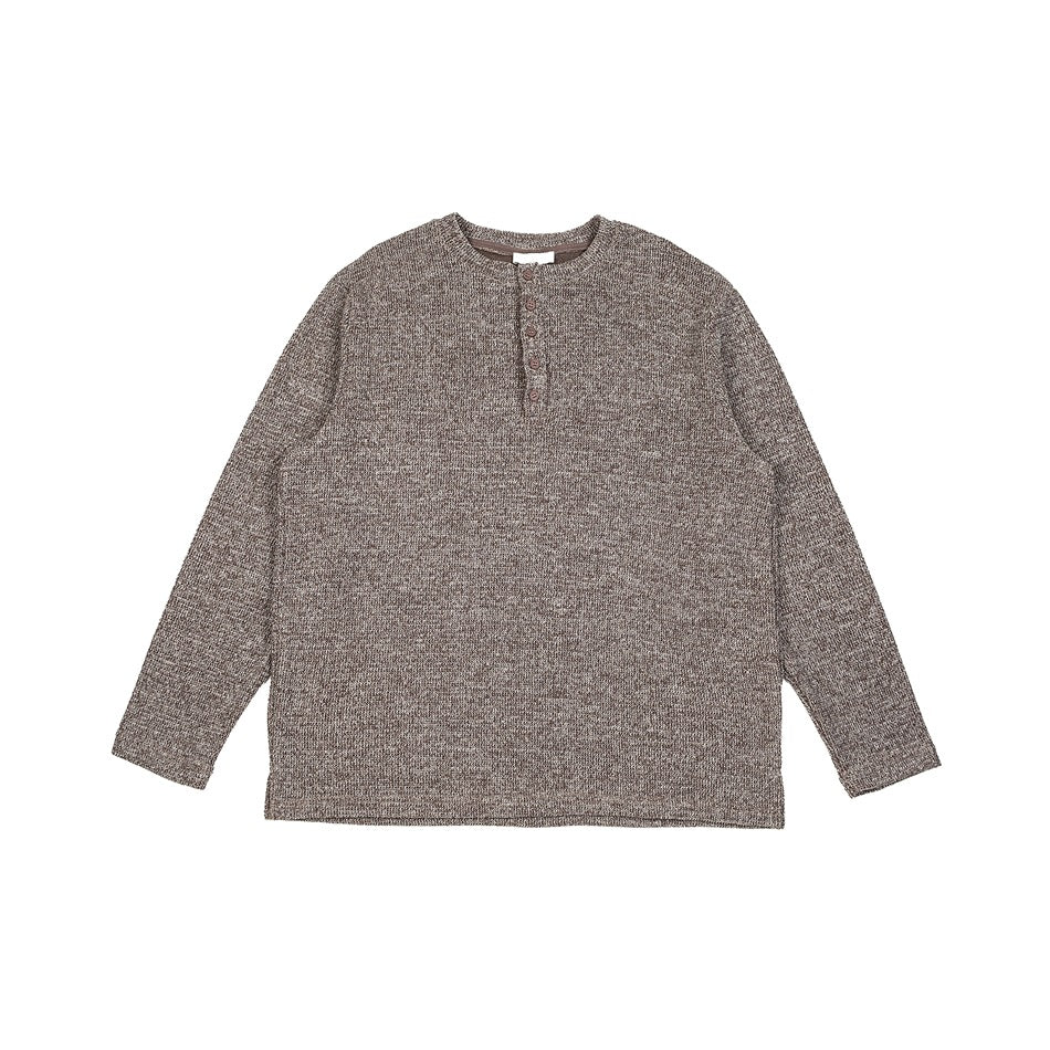 Brown heathered long-sleeve knit henley top with button placket, flat front view