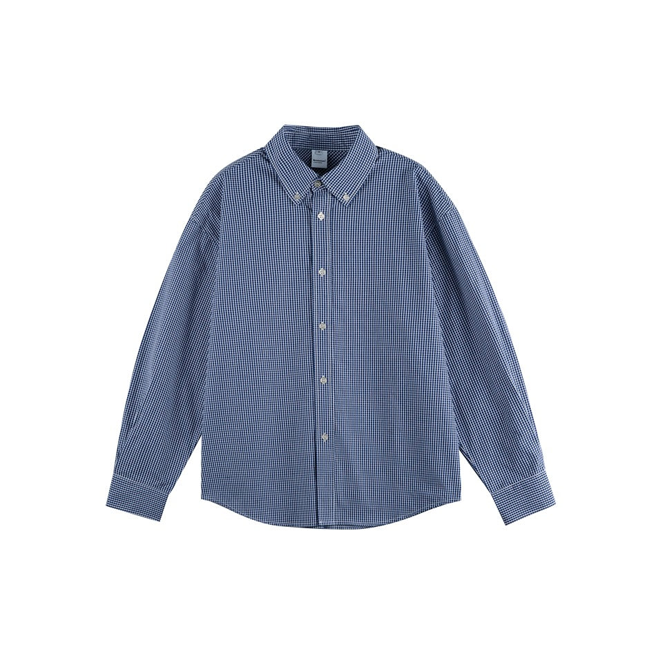 Navy and white small check long-sleeve button-down shirt, front flat view on white background
