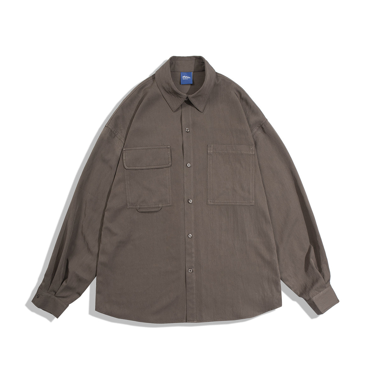 Coffee brown long-sleeve button-up shirt with two chest pockets, flat lay front view